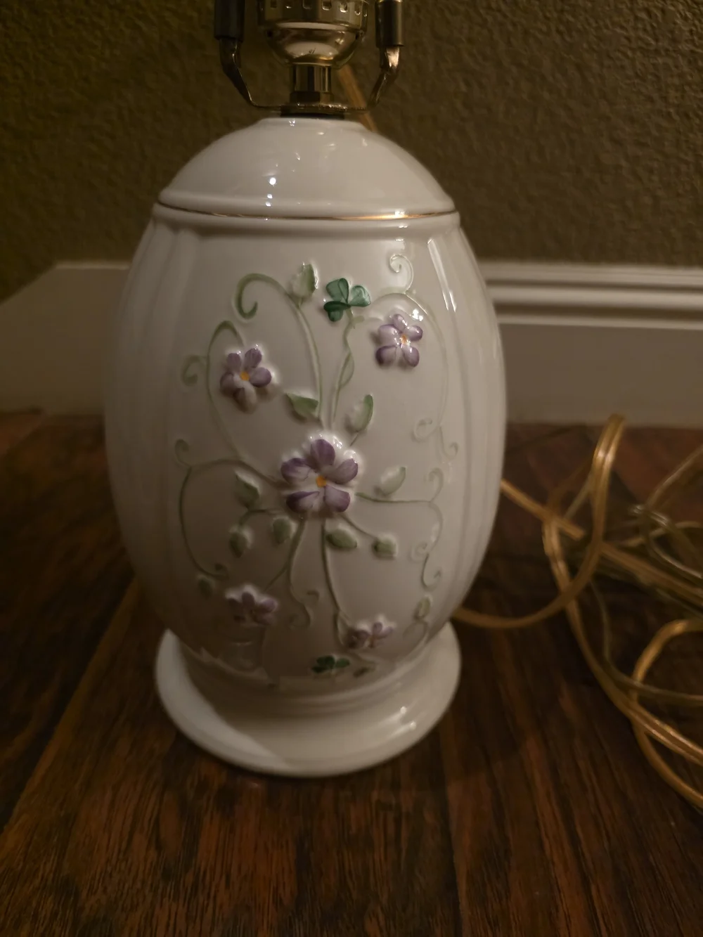 Belleek White Ceramic Lamp with Lavender Floral Accents and Gold Trim
